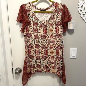 Fylo Tunic Top Shark Bite Asymmetric Hem Flutter Sleeve Paisley Hippie Boho S